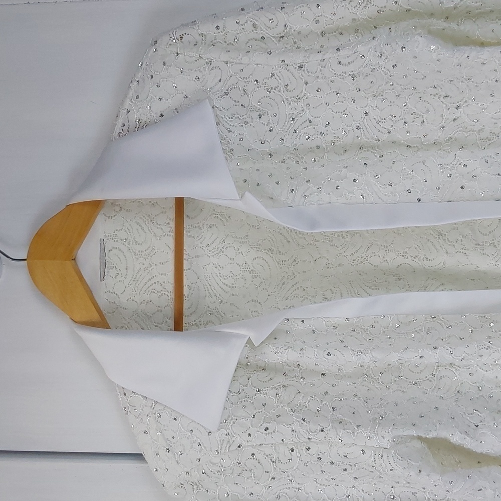 White Open Blazer Suit Jacket Coat Sparkle All Over Rhinestones Bling Satin L
